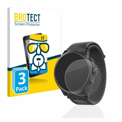 Vorderseite einer Produktverpackung mit dem Markenlogo BROTECT. Daneben ist das Gerät Coros Apex 2 mit dem zugehörigen Display