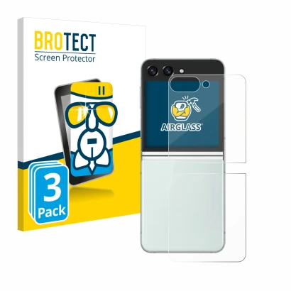 Vorderseite einer Produktverpackung mit dem Markenlogo BROTECT. Daneben ist das Gerät Samsung Galaxy Z Flip 5 (Rückseite) mit 