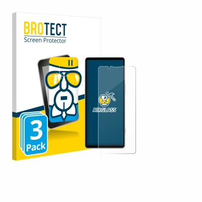 Vorderseite einer Produktverpackung mit dem Markenlogo BROTECT. Daneben ist das Gerät Sony Xperia 5 V mit dem zugehörigen Disp