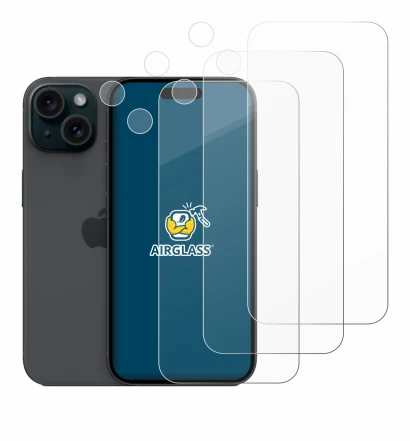 Abbildung des Geräts Apple iPhone 15 (Display+Kamera) mit einer Vielzahl des Displayschutzes.