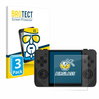 Vorderseite einer Produktverpackung mit dem Markenlogo BROTECT. Daneben ist das Gerät Powkiddy RGB30 mit dem zugehörigen Displ