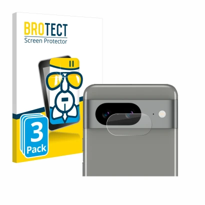 Vorderseite einer Produktverpackung mit dem Markenlogo BROTECT. Daneben ist das Gerät Google Pixel 8 (NUR Kameraschutz) mit de