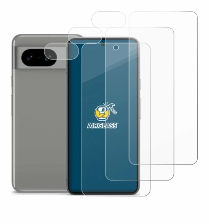 Abbildung des Geräts Google Pixel 8 (Display+Kamera) mit einer Vielzahl des Displayschutzes.