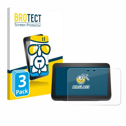 Vorderseite einer Produktverpackung mit dem Markenlogo BROTECT. Daneben ist das Gerät Amazon Echo Show 8 2023 (3. Gen.) mit de