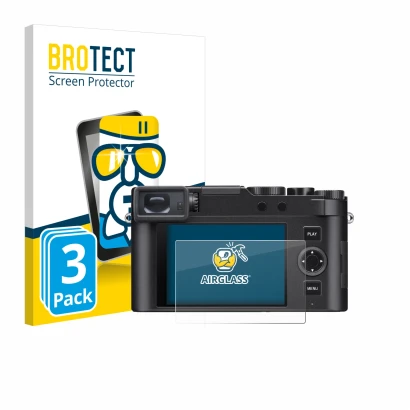 Vorderseite einer Produktverpackung mit dem Markenlogo BROTECT. Daneben ist das Gerät Leica D-Lux 8 mit dem zugehörigen Displa