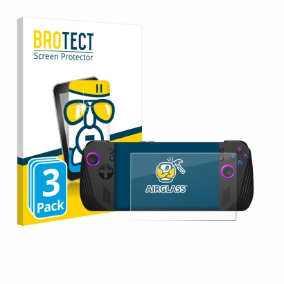 Vorderseite einer Produktverpackung mit dem Markenlogo BROTECT. Daneben ist das Gerät ASUS ROG Ally X (2024) mit dem zugehörig