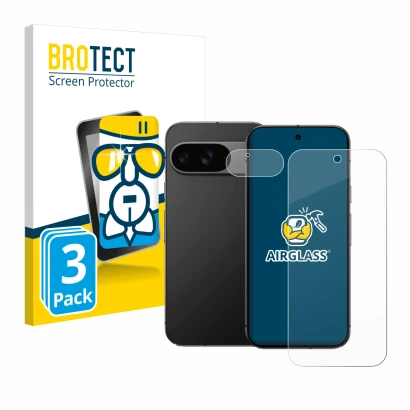 Vorderseite einer Produktverpackung mit dem Markenlogo BROTECT. Daneben ist das Gerät Google Pixel 9 (Display+Kamera) mit dem