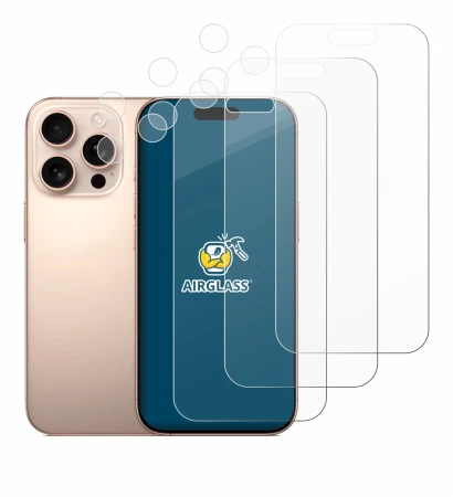 Abbildung des Geräts Apple iPhone 16 Pro (Display+Kamera) mit einer Vielzahl des Displayschutzes.