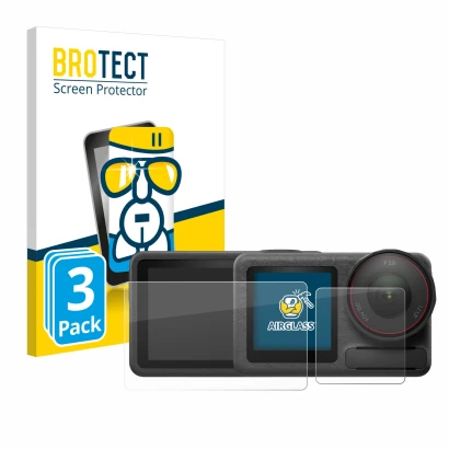 Vorderseite einer Produktverpackung mit dem Markenlogo BROTECT. Daneben ist das Gerät DJI Osmo Action 5 Pro mit dem zugehörige