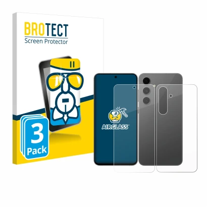 Vorderseite einer Produktverpackung mit dem Markenlogo BROTECT. Daneben ist das Gerät Samsung Galaxy S24 FE (Display+Rückseite