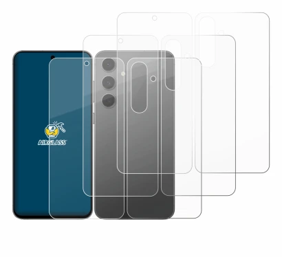 Abbildung des Geräts Samsung Galaxy S24 FE (Display+Rückseite) mit einer Vielzahl des Displayschutzes.