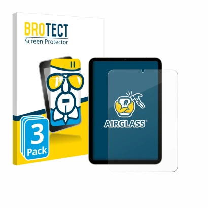 Vorderseite einer Produktverpackung mit dem Markenlogo BROTECT. Daneben ist das Gerät Apple iPad Mini 7 2024 mit dem zugehörig