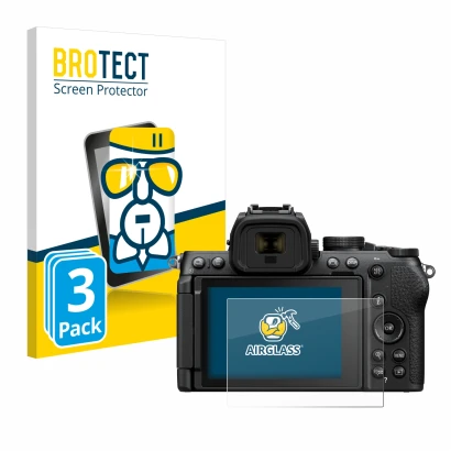 Vorderseite einer Produktverpackung mit dem Markenlogo BROTECT. Daneben ist das Gerät Nikon Z50 II mit dem zugehörigen Display