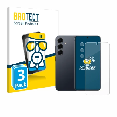 Vorderseite einer Produktverpackung mit dem Markenlogo BROTECT. Daneben ist das Gerät Samsung Galaxy S25 (Display+Kamera) mit 