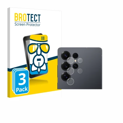 Vorderseite einer Produktverpackung mit dem Markenlogo BROTECT. Daneben ist das Gerät Samsung Galaxy S25 Ultra (NUR Kameraschu