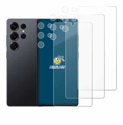 Abbildung des Geräts Samsung Galaxy S25 Ultra (Display+Kamera) mit einer Vielzahl des Displayschutzes.