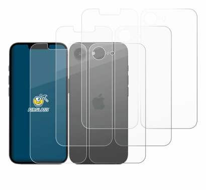 Abbildung des Geräts Apple iPhone 16e (Display+Rückseite) mit einer Vielzahl des Displayschutzes.