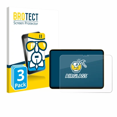 Vorderseite einer Produktverpackung mit dem Markenlogo BROTECT. Daneben ist das Gerät Apple iPad Air 11" M3 2025 mit dem zugeh