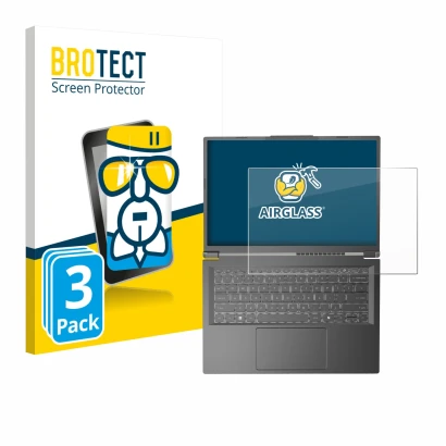 Vorderseite einer Produktverpackung mit dem Markenlogo BROTECT. Daneben ist das Gerät Acer Aspire 14 AI mit dem zugehörigen Di