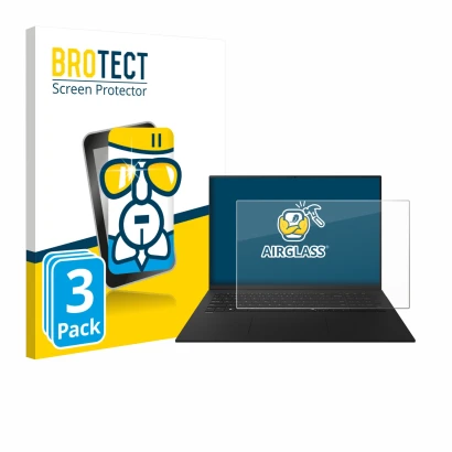 Vorderseite einer Produktverpackung mit dem Markenlogo BROTECT. Daneben ist das Gerät LG gram 17" 2025 mit dem zugehörigen Dis