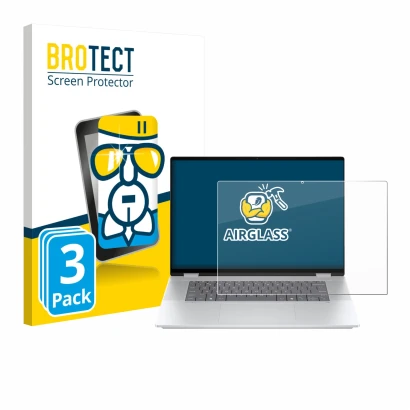 Vorderseite einer Produktverpackung mit dem Markenlogo BROTECT. Daneben ist das Gerät HP OmniBook X Flip 16-aX mit dem zugehör