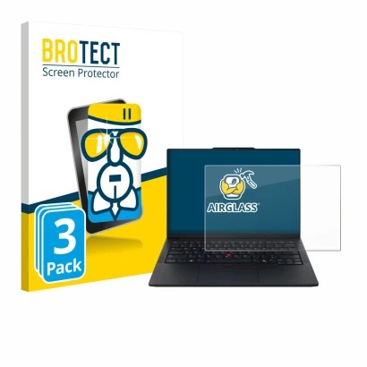 Vorderseite einer Produktverpackung mit dem Markenlogo BROTECT. Daneben ist das Gerät Lenovo ThinkPad E14 Gen 7 mit dem zugehö