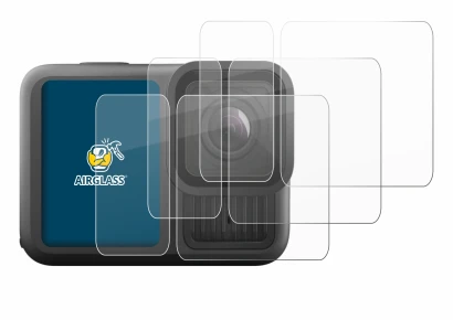 Abbildung des Geräts GoPro Hero 13 Black Ultra Wide Edition mit einer Vielzahl des Displayschutzes.