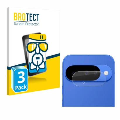 Vorderseite einer Produktverpackung mit dem Markenlogo BROTECT. Daneben ist das Gerät Google Pixel 10 (NUR Kameraschutz) mit d