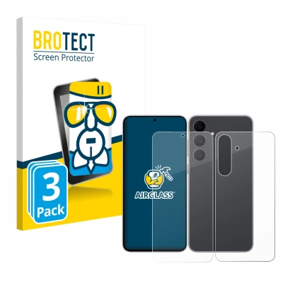 Vorderseite einer Produktverpackung mit dem Markenlogo BROTECT. Daneben ist das Gerät Samsung Galaxy S25 FE (Display+Rückseite