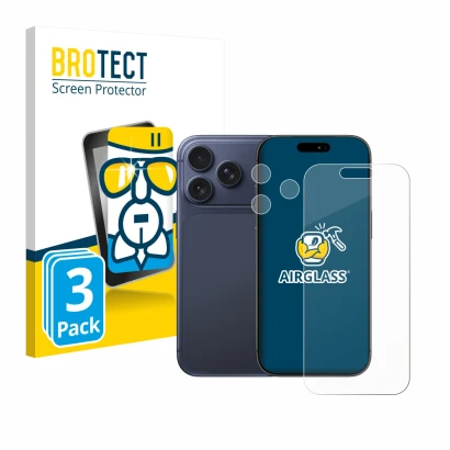 Vorderseite einer Produktverpackung mit dem Markenlogo BROTECT. Daneben ist das Gerät Apple iPhone 17 Pro (Display+Kamera) mit