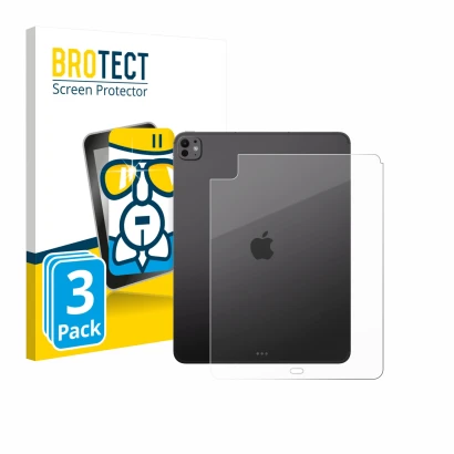 Vorderseite einer Produktverpackung mit dem Markenlogo BROTECT. Daneben ist das Gerät Apple iPad Pro 13" 2025 (Rückseite) mit