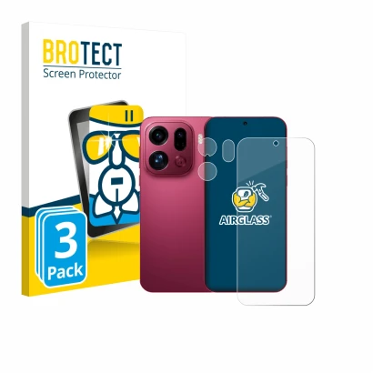 Vorderseite einer Produktverpackung mit dem Markenlogo BROTECT. Daneben ist das Gerät Oppo Find X9 Pro (Display+Kamera) mit de