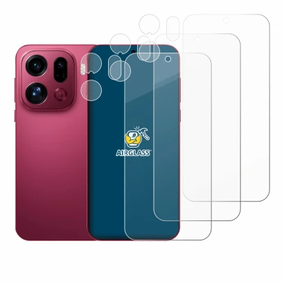 Abbildung des Geräts Oppo Find X9 Pro (Display+Kamera) mit einer Vielzahl des Displayschutzes.