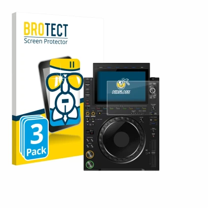 Vorderseite einer Produktverpackung mit dem Markenlogo BROTECT. Daneben ist das Gerät Pioneer CDJ 3000X mit dem zugehörigen Di