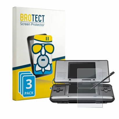 Vorderseite einer Produktverpackung mit dem Markenlogo BROTECT. Daneben ist das Gerät Nintendo DS mit dem zugehörigen Displays