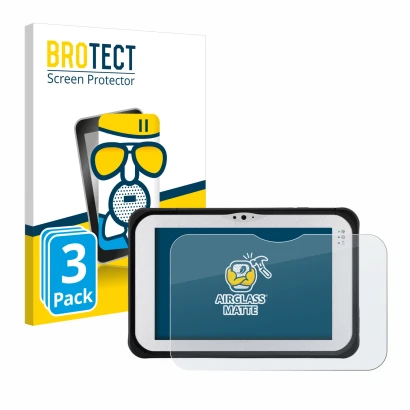 Vorderseite einer Produktverpackung mit dem Markenlogo BROTECT. Daneben ist das Gerät Panasonic Toughpad FZ-M1 mit dem zugehör