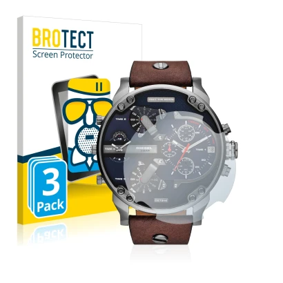 Vorderseite einer Produktverpackung mit dem Markenlogo BROTECT. Daneben ist das Gerät Diesel DZ7314 Mr. Daddy mit dem zugehöri