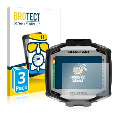 Vorderseite einer Produktverpackung mit dem Markenlogo BROTECT. Daneben ist das Gerät Mares Quad Air mit dem zugehörigen Displ