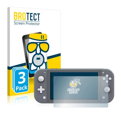 Vorderseite einer Produktverpackung mit dem Markenlogo BROTECT. Daneben ist das Gerät Nintendo Switch Lite mit dem zugehörigen
