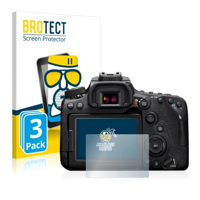 Vorderseite einer Produktverpackung mit dem Markenlogo BROTECT. Daneben ist das Gerät Canon EOS 90D mit dem zugehörigen Displa