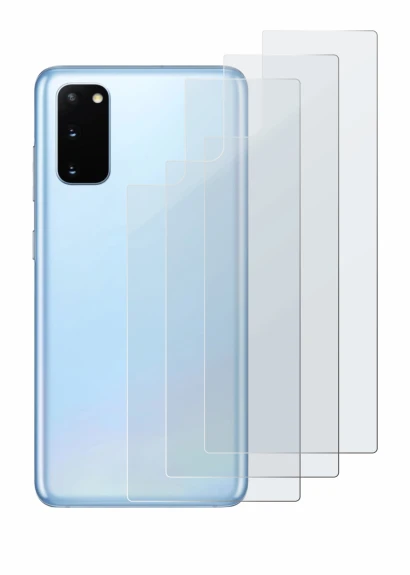 Abbildung des Geräts Samsung Galaxy S20 (Rückseite) mit einer Vielzahl des Displayschutzes.