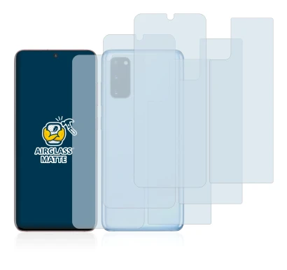 Abbildung des Geräts Samsung Galaxy S20 (Display+Rückseite) mit einer Vielzahl des Displayschutzes.