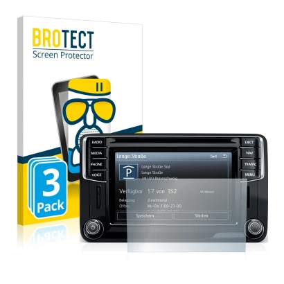 Vorderseite einer Produktverpackung mit dem Markenlogo BROTECT. Daneben ist das Gerät Volkswagen Amarok Discover Media 6.5" 20