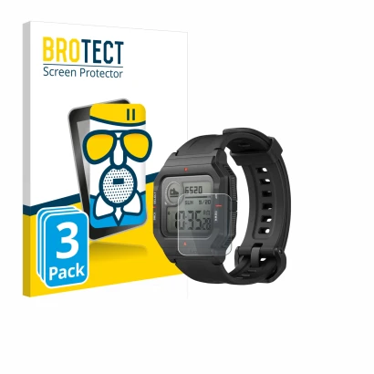 Vorderseite einer Produktverpackung mit dem Markenlogo BROTECT. Daneben ist das Gerät Huami Amazfit Neo mit dem zugehörigen Di