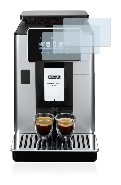 Abbildung des Geräts DeLonghi PrimaDonna Soul ECAM610.74.MB mit einer Vielzahl des Displayschutzes.