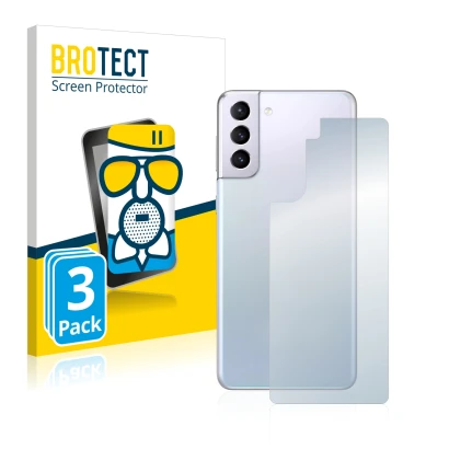 Vorderseite einer Produktverpackung mit dem Markenlogo BROTECT. Daneben ist das Gerät Samsung Galaxy S21 5G (Rückseite) mit de