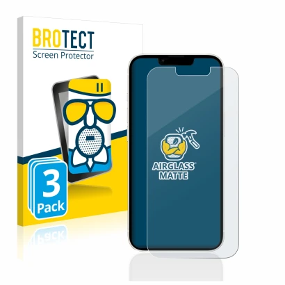 Vorderseite einer Produktverpackung mit dem Markenlogo BROTECT. Daneben ist das Gerät Apple iPhone 13 mit dem zugehörigen Disp