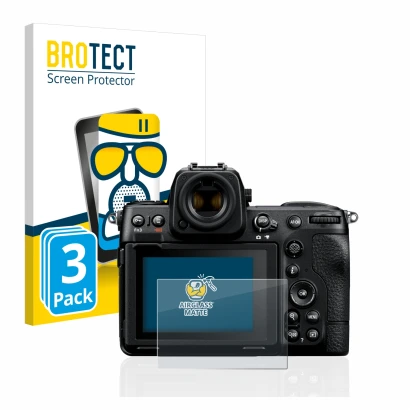Vorderseite einer Produktverpackung mit dem Markenlogo BROTECT. Daneben ist das Gerät Nikon Z 8 mit dem zugehörigen Displaysch