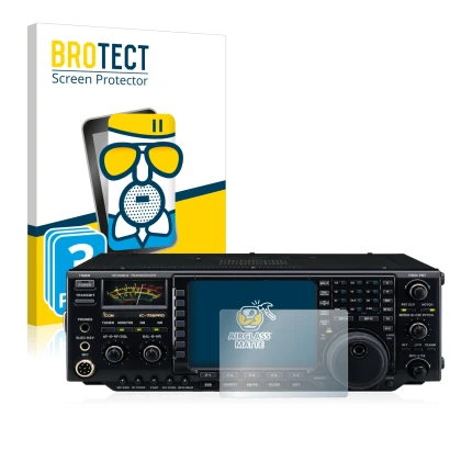 Vorderseite einer Produktverpackung mit dem Markenlogo BROTECT. Daneben ist das Gerät Icom IC-756 Pro III mit dem zugehörigen 