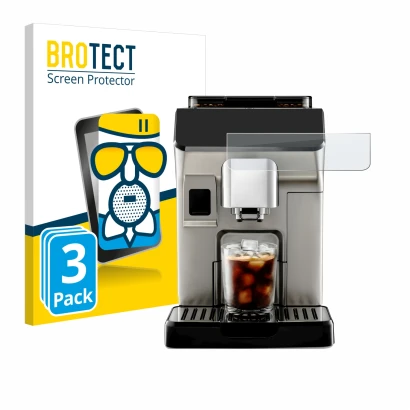 Vorderseite einer Produktverpackung mit dem Markenlogo BROTECT. Daneben ist das Gerät DeLonghi Eletta Explore mit dem zugehöri